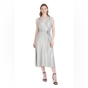 Donna Ricco Metallic Silver Wrap Midi Dress